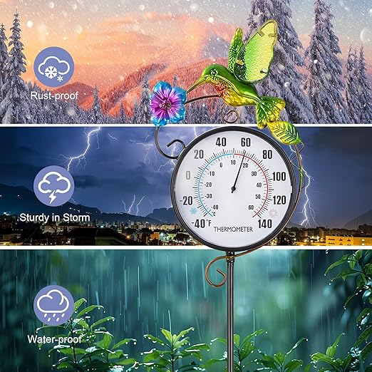 Outdoor Thermometer, Hummingbird Hanging Wall Thermometer & 42" Metal Garden Stake Outside Thermometers Waterproof Decorative for Patio,Lawn,Room,Greenhouse, No Battery Required Garden Gifts