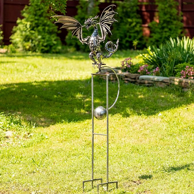 Zaer Ltd. Metal Dragon Rocking Garden Stake, Kinetic Wind Decor, Metallic Black Finish, Moving Wings (Tail Up Sunfyre)