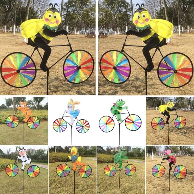 3D Animal on Bike DIY Windmill, Lawn Yard Garden Colorful Wind Spinner Decor (Bullfrog)