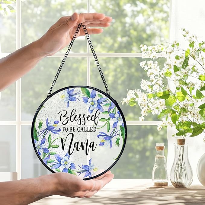 Nana Gifts Suncatchers Stained Glass Window Hanging, Blessed to Be Called Nana, Grandma Gifts for Mother's Day, Flower Sun Catchers Indoor Window Glass Wall Deco, 7.9x7.9in