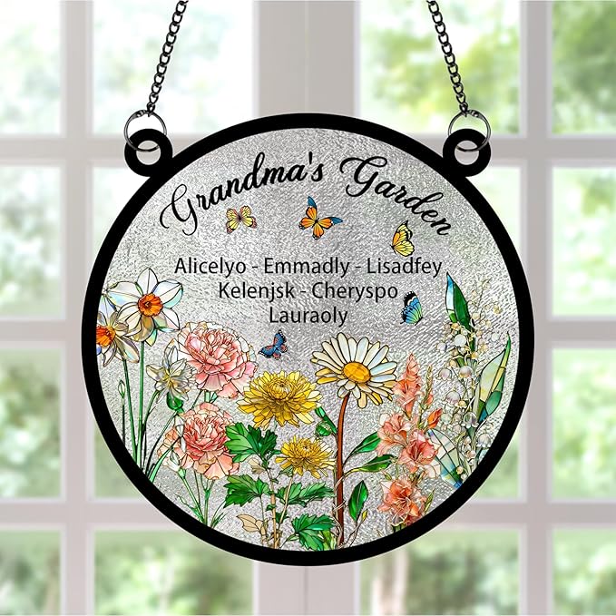 Personalized Grandmas Garden Stained Glass Suncatchers, Custom Name Birth Month Flowers Window Hanging Ornament, Mothers Day Christmas Birthday Gifts for Grandma Mom Nana Mimi (Round 3)