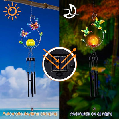 MAGGIFT 2 Pack Solar Outdoor Wind Chimes, Metal Butterfly & Hummingbird Wind Chime with Warm White LED Globe Glass, Mobile Hanging Decorative Patio Lights for Yard Garden, Gifts for Mom Women Wife