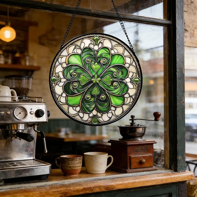 DASTOLL Stained Glass Window Hanging St. Ripak Festival Green Lucky Clover 6.3" - Suncatcher Door Garden Sun Catcher Ireland Decor Mother's Day for Mom Woman Her Men Sisters