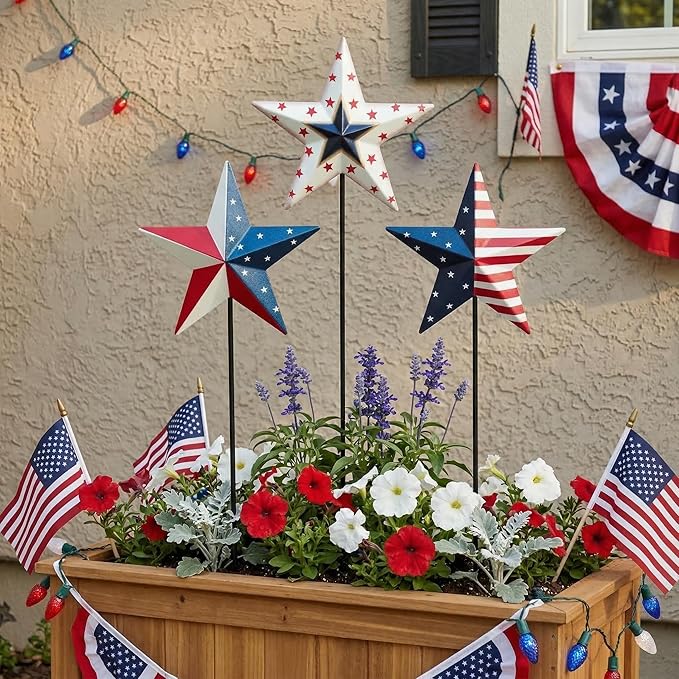 4th of July Decorations Outdoor 19" Metal Barn Star 6-Pack, Patriotic Outdoor Decorations, Rustic Iron Decorative Garden Stakes with American Flag Stars for Yard Patio Lawn