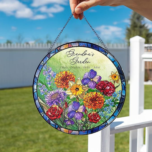 NAZENTI Custom Month Birth Flowers Glass Suncatcher for Grandma, Personalized Stained Glass Window Hanging Suncatcher with Kids Name, Gifts for Mother's Day, Birthday, Gigi Birth Month Flower