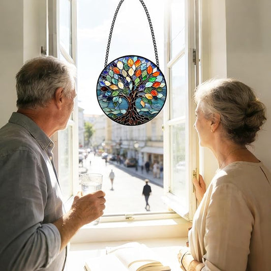 Stained Glass Window Hanging, Tree of Life Sun Catchers Glass Panel Colorful Suncatcher Decor for Birthday, Women, Men, Wife, Aunt, Lovers, Home Garden 7.8 in
