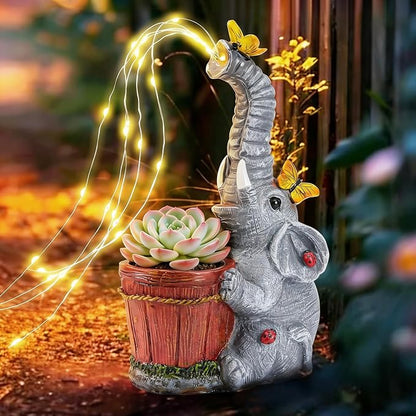HUYIENO Solar Elephant Statue Garden Light Cute Resin Outdoor Decor with Watering Can Fairy Lights Waterproof Yard Patio Lawn Decoration Unique Gift for Elephant Lovers