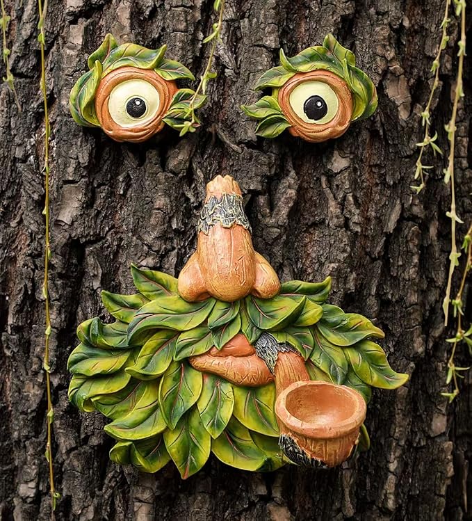 Flytime Tree Face Decor Outdoor,Whimsical Outdoor Art with Bird Feeder,Tree Hugger Bark Ghost Face Decoration Funny Yard Art,Garden Creative Decoration (8 INCH)
