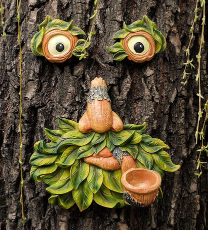 Flytime Tree Face Garden Decor with Bird Feeder - 12 Inch Whimsical Outdoor Statue, Weather Resistant Resin Tree Hugger Art for Yard & Garden