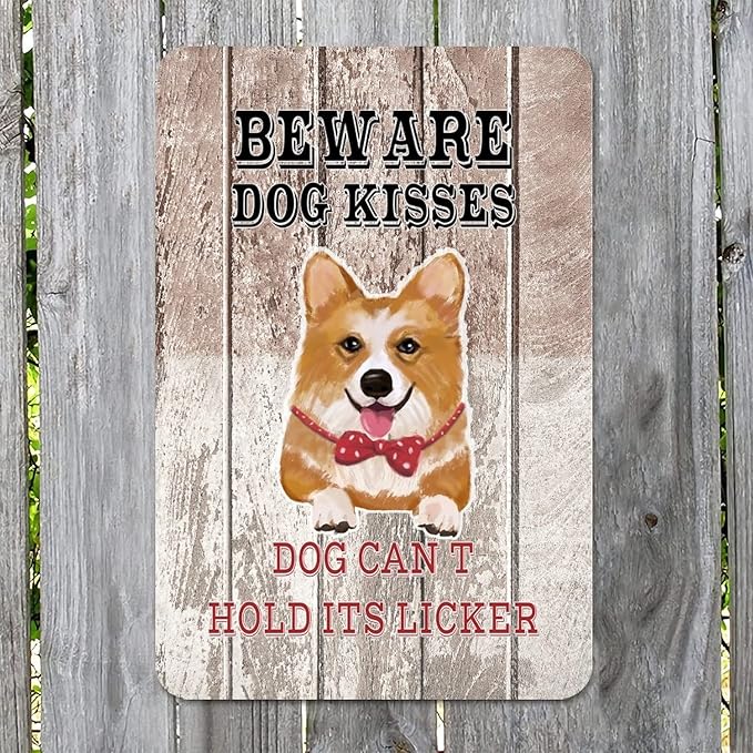 Beware Dog Kisses Dog Can't Hold Its Licker Street Metal Signs Vintage Man Cave Warning Aluminum Metal Tin Sign for Garden Patio Yard Cafe Pub Home Decor Wall Art Print Poster 8x12