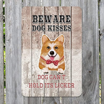 Beware Dog Kisses Dog Can't Hold Its Licker Street Metal Signs Vintage Man Cave Warning Aluminum Metal Tin Sign for Garden Patio Yard Cafe Pub Home Decor Wall Art Print Poster 8x12