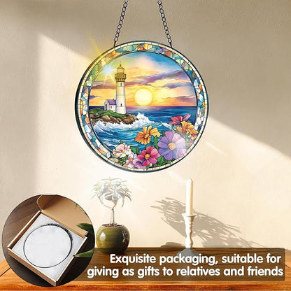 VAIIEYO Lighthouse Sun Catcher Stained Glass Window Hanging Ornament, Handmade Sun Catcher Flower Decoration with Hooks for Window Garden Home, Mother's Day & Birthday Housewarming Gift (7.8 inch)