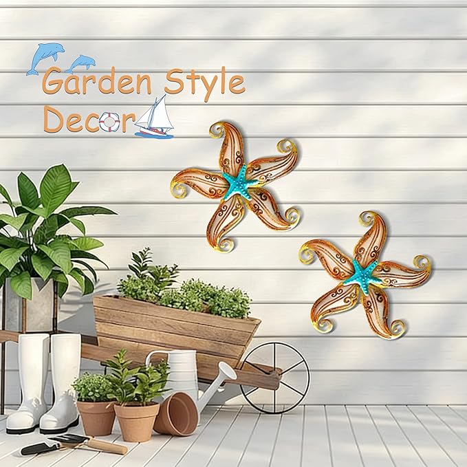 POXOHO Starfish Garden Decorations Outdoor, Starfish Wall Decor Art for Fence Patio Yard, 12" Hanging Glass Sculpture, Outdoor Wall Art Ocean Gifts for Women & Men (Apricot)