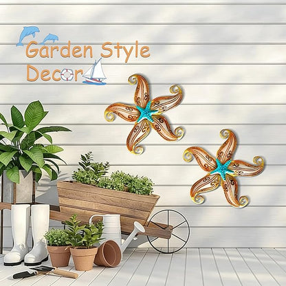POXOHO Starfish Garden Decorations Outdoor, Starfish Wall Decor Art for Fence Patio Yard, 12" Hanging Glass Sculpture, Outdoor Wall Art Ocean Gifts for Women & Men (Apricot)