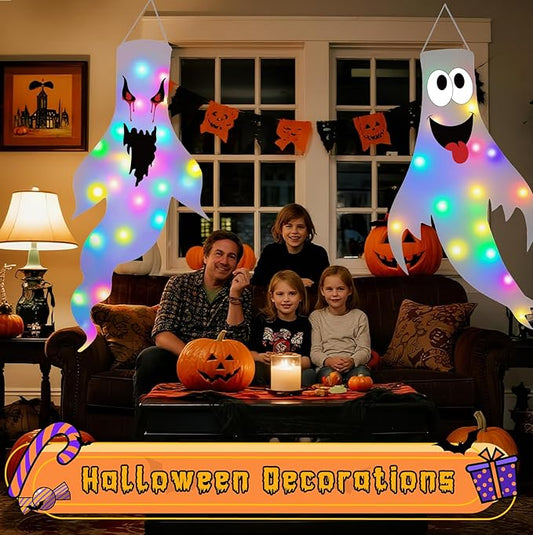 Halloween Decorations Outdoor Indoor, 2 Pack Light Up Ghost Decorations with LED Lights, Hanging Ghost Halloween Decor for Yard Porch Garden Lawn Party (2B-2Pack)