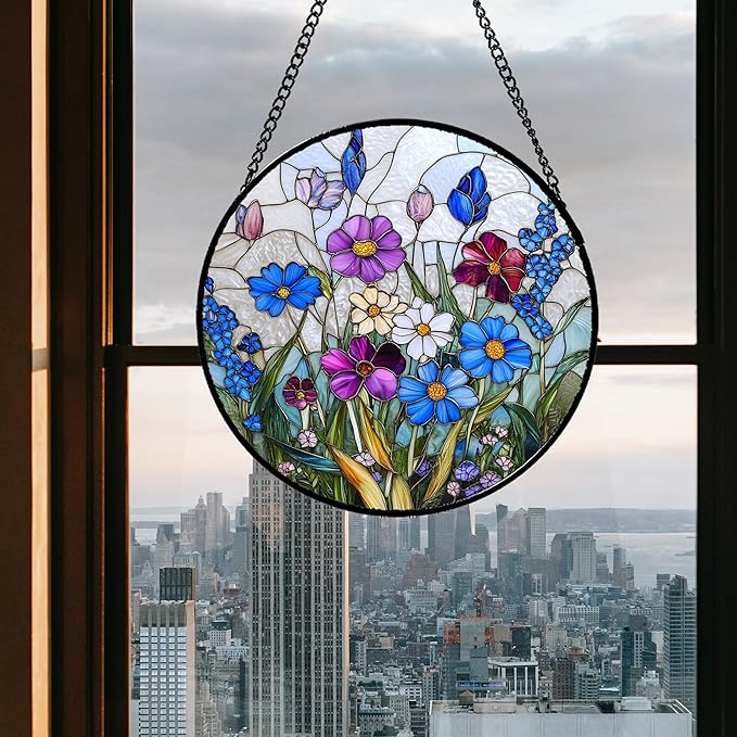 Stained Glass Window Hanging Blue Purple Wildflowers 6.3" - Suncatcher Door Garden Sunroom Sun Catcher Home Decor Birthday Christmas for Mom Men Woman Nana Friend