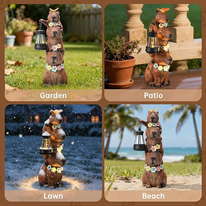Capybara Solar Garden Statue, Outdoor Capybara Statue with Flower Decoration & Lantern Light, Funny Triple Capybara Decor for Women, Capybara Figurine for Yard Garden Patio Lawn Ornaments
