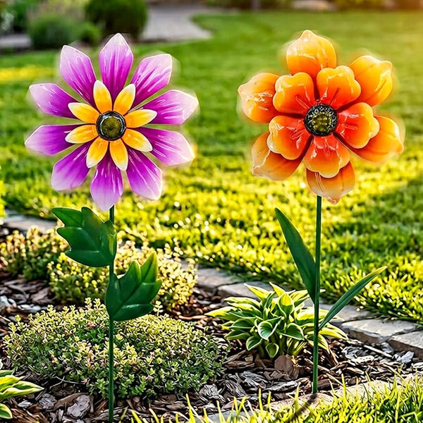 2 Pack Metal Flower Wind Spinners, Outdoor Garden Stakes with Stable H-Base, Kinetic 3D Floral Windmills for Yard, Lawn, and Pathway Decor (Orange & Purple)