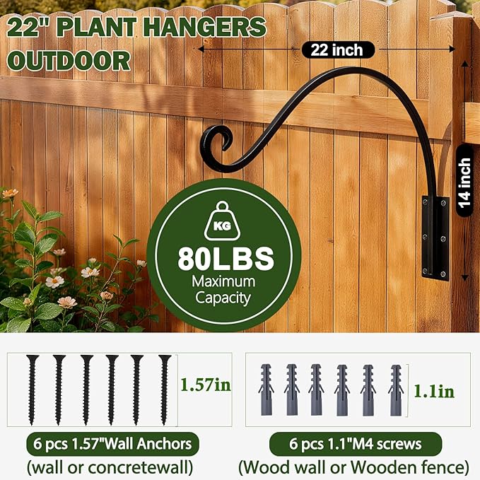 Heavy Duty 22 Inch Plant Hangers Bracket Outdoor, 80lbs Weight Capacity, Metal Wall Hooks for Hanging Plants, Bird Feeder, Wind Chime, Wall Decor, Plant Hanger Hooks for Hanging Flower Baskets