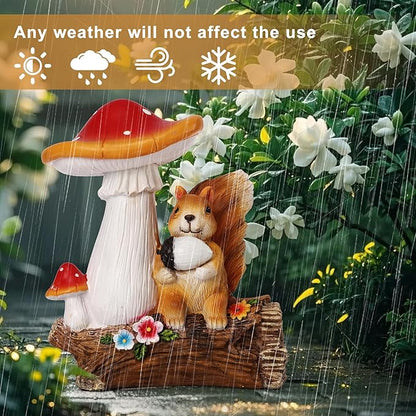 Solar Garden Statue Outdoor Decor, Squirrel & Mushroom Figurines with LED Lights, Yard Decorations for Patio, Balcony, Backyard, Lawn Ornaments, Unique Gift for Women, Mom, Grandma