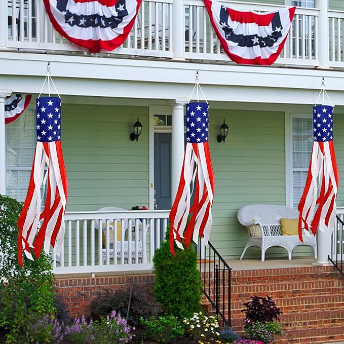 3 Pack 60 Inch Large American Flag Windsocks with Red White Blue Lights, 4th of July Decorations 250th Anniversary Patriotic USA Wind Sock for Outside Heavy Duty Memorial Day Yard Outdoor Decor