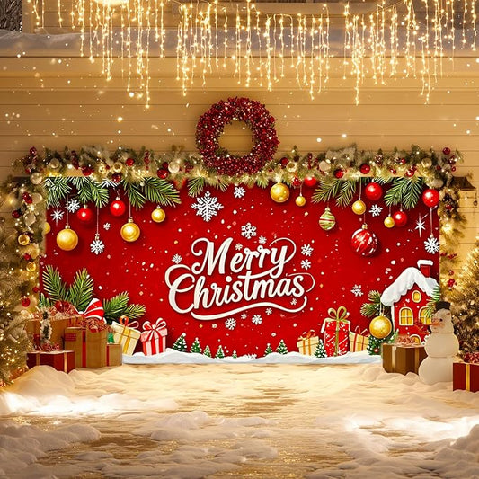 IVN Christmas Garage Door Cover Decoration 13x6ft Red Background Pine Garland Gifts and Gold Ornaments Merry Christmas Winter Garage Door Banner Home Door Front Yard Decor for Xmas Eve Holiday Outdoor