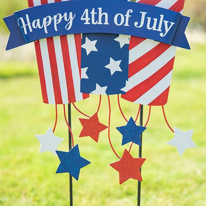 Glitzhome 30" H Patriotic Firecracker Yard Stake or Wall Décor,Happy 4th of July American Rocket Garden Sign for Independence Day Outdoor Lawn Patio Decor