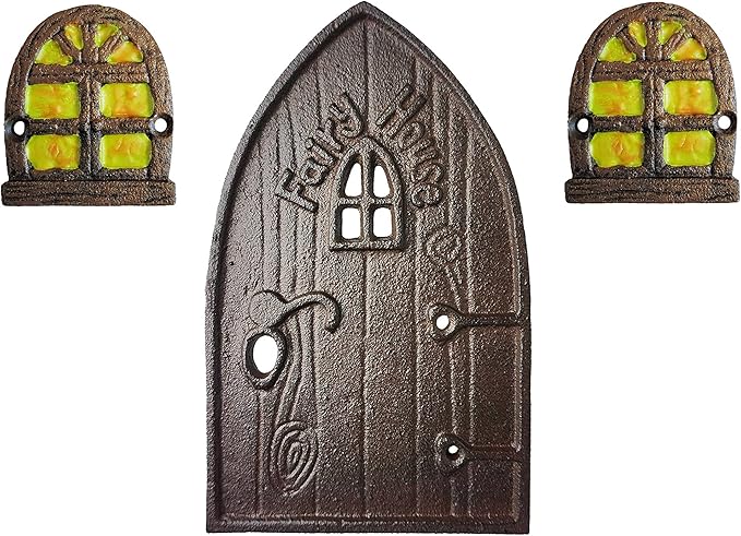 Lulu Decor 100% Cast Iron Miniature Fairy Door + 2 Windows with Glow in Dark Paint, Garden Ornament for Bottom of Trees (8 inches)