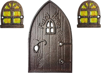 Lulu Decor 100% Cast Iron Miniature Fairy Door + 2 Windows with Glow in Dark Paint, Garden Ornament for Bottom of Trees (8 inches)