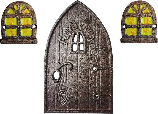Lulu Decor 100% Cast Iron Miniature Fairy Door + 2 Windows with Glow in Dark Paint, Garden Ornament for Bottom of Trees (8 inches)