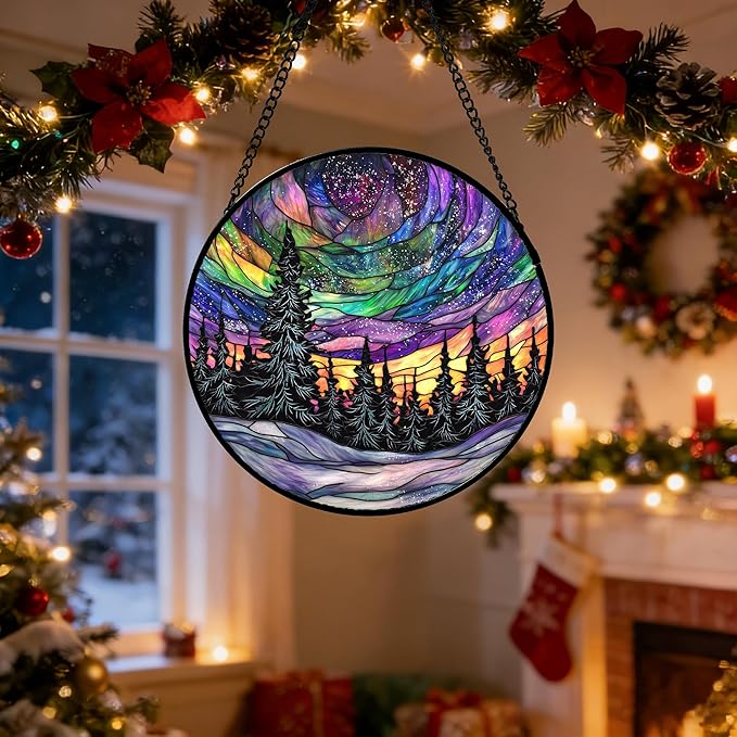 DASTOLL Stained Glass Window Hanging, Van Gogh Night Scene Sun Catchers Colorful Glass Panel Starry Sky Suncatcher Decor for Birthday for Women, Men, Wife, Aunt, and Mom 14.9x14.9 in