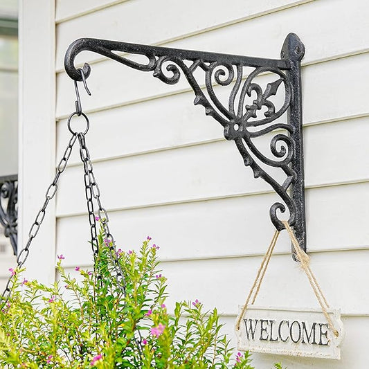 Sungmor Decorative Cast Iron Wall Bracket for Hanging Baskets – 2 Pack Heavy Duty Plant Hanger Hook for Outdoor/Indoor Use – Vintage Black Metal Hanging Bracket for Lanterns, Bird Feeders, Signs