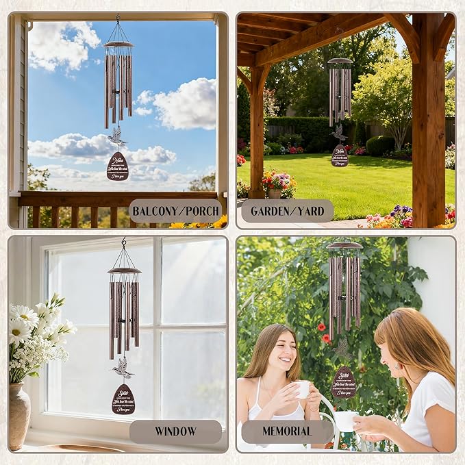 Sister Gifts Wind Chimes - Waterproof Hummingbird Windchimes Decor with Greeting Card Indoor Outdoor Garden Patio Yard Home Hanging Appreciation Christmas New Year Birthday Gift for Sisters