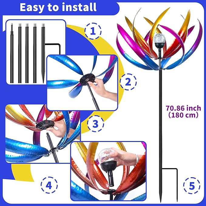 Wind Spinners Outdoor for Yard and Garden - Wind Sculptures & Spinners - 70 Inch Wind Spinner with Solar Powered Multi-Color Glass Ball Light for Yard Garden Backyard Lawn Decorations -Purple and Blue