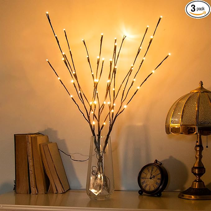 Vanthylit 3PK 30" Brown Lighted Twig Branches Pathway Light 60 LED Warm White Bulbs for Outdoor and Indoor