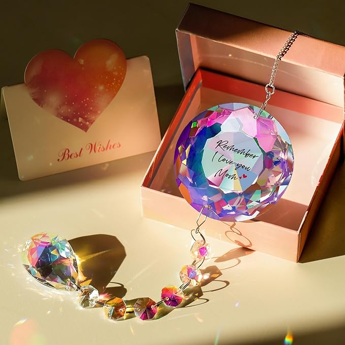 Remember I Love You Mom Gifts for Mothers Chriatmas Birthday, Perfect for Christmas Mothers Day to Mom from Daughter Son, Window Decor Crystal Suncatcher for Moms Office Bedroom Living Room Garden