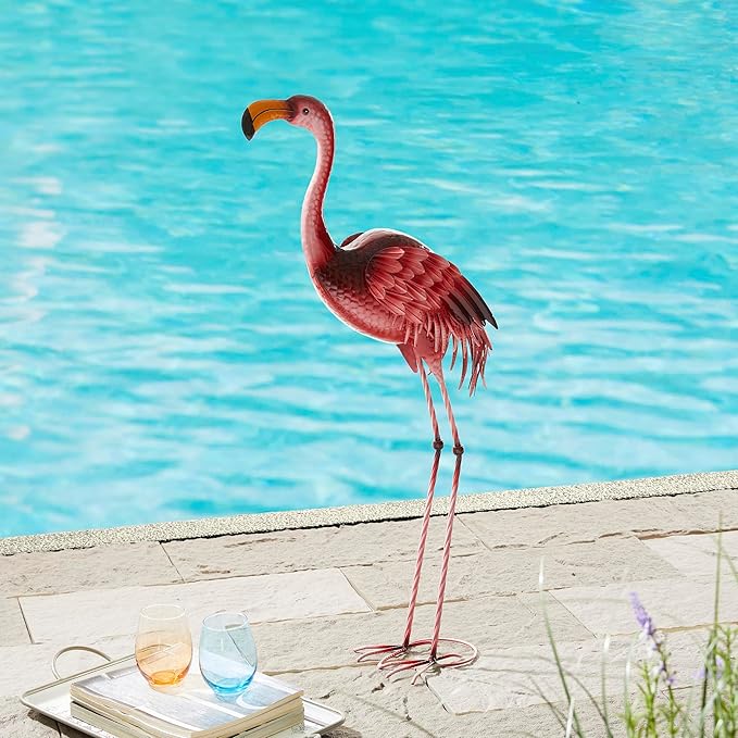 Glitzhome Metal Standing Flamingo Garden Statue with Stakes Outdoor Decorative Sign, 38.5" H