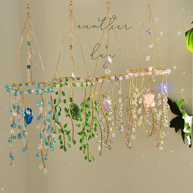 Crystal Hanging Suncatcher with Natural Stone, 16.9 Inch Decorative Wind Chime, Gold Chain & Branch Design (Purple)