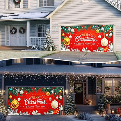 IVN Christmas Garage Door Cover Decoration 13x6ft Gold and White Baubles Red Snowflake Design Merry Christmas Winter Garage Door Banner Home Door Front Yard Decor for Xmas Eve Holiday Outdoor