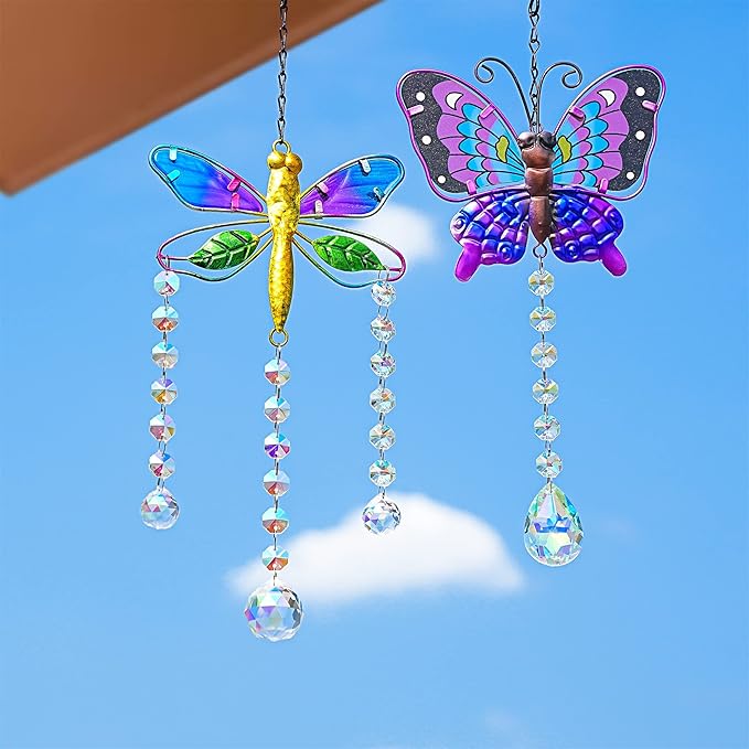 YU FENG Set 2 Suncatchers with Crystals,Stained Glass Butterfly Dragonfly Sun Catchers Window Garden Hanging Decoration Ornament,Prism Rainbow Maker Pendant Ornament for Christmas Tree