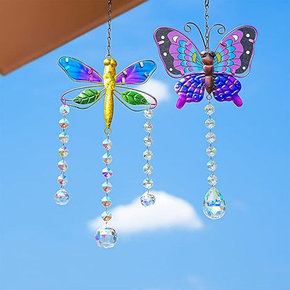 YU FENG Set 2 Suncatchers with Crystals,Stained Glass Butterfly Dragonfly Sun Catchers Window Garden Hanging Decoration Ornament,Prism Rainbow Maker Pendant Ornament for Christmas Tree