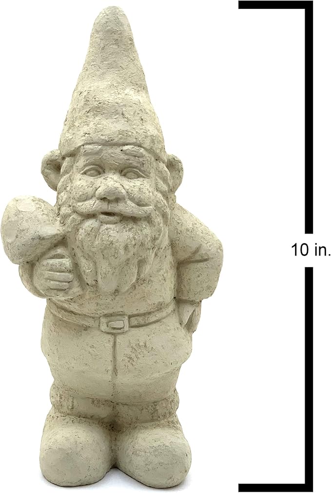 Garden Gnome with Shroom: Solid Durable Stone Statue with Vintage Texture. Sealed for Outdoors. Handcrafted USA. (Classic/White)