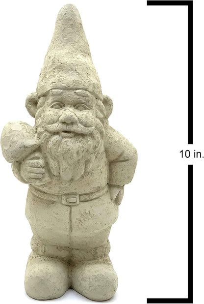 Garden Gnome with Shroom: Solid Durable Stone Statue with Vintage Texture. Sealed for Outdoors. Handcrafted USA. (Classic/White)