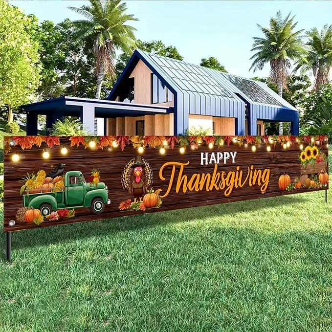 BlissYard Happy Thanksgiving Banner Autumn Harvest Backdrop Turkey Truck Pumpkins 118x20 inches Fall Decor Supplies for Thanksgiving Celebration Photo Backdrop Wall Hanging Decoration