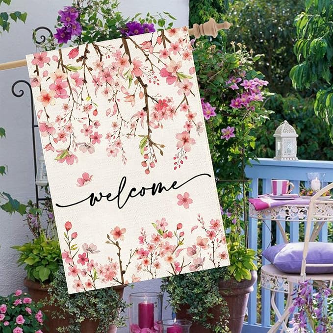 Baccessor Spring Summer Welcome House Flag 28 x 40 Inch Double Sided Burlap Pink Floral Cherry Blossom Green Leaf Farmhouse Large Yard Flag Summer Holiday Seasonal Outdoor Outside Decoration