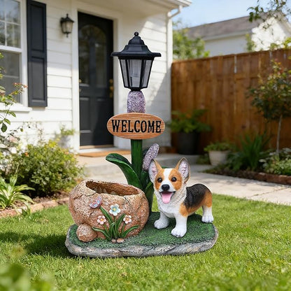 20" Solar Corgi Garden Statue with Welcome Sign & Planter - Large Dog Sculpture with LED Street Lantern - Weatherproof Resin Decorative Flower Pot for Porch, Yard & Patio - Pet Lover Gift