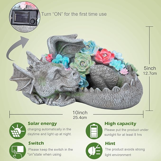 Garden Dragon Statue Outdoor Decor, Coiled Sleeping Dragon Figurine with Solar Light Succulent, Waterproof Resin Garden Sculpture for Outside Lawn Patio Yard Ornament Gifts