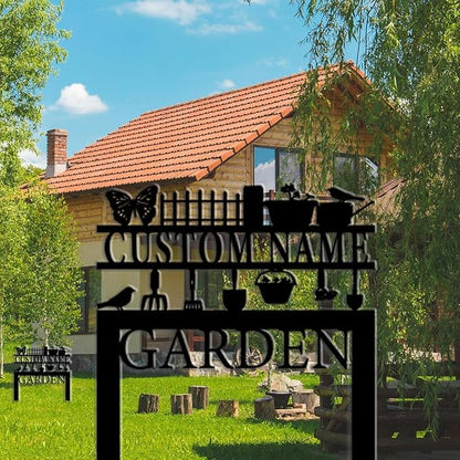 Personalized Garden Signs,Custom Wrought Iron Lawn Signs with Butterflies and Weeding Tools-Insertable Metal Art for Outdoor, Courtyard,and Flower Bed Decor-Custom Outdoor Plaques