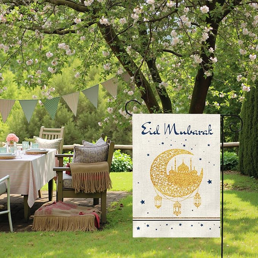 Eid Mubarak Garden Flag 12x18 Inch Ramadan Kareem Muslim Yard Flags with Golden Moon Mosque Lantern Stars Islamic House Banner for Spring Eid Celebration Home Porch Lawn Patio Decor