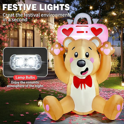 Valentine’s Day Inflatables Outdoor Decorations, 6FT Inflatable Bear Holds a Boombox with LED Lights, Valentines Blow Up Yard Decoration for Valentine Holiday Lawn Garden Indoor Outdoor Decor